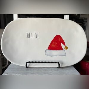 Rae Dunn White BELIEVE Platter with Santa Hat Motif
